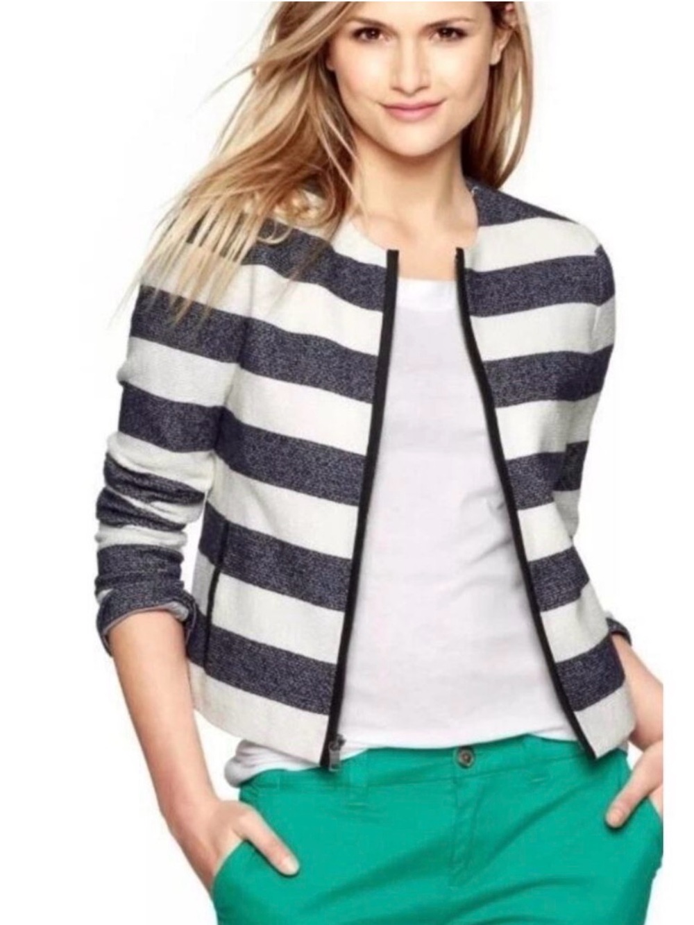 Striped Open-Front Jacket in Navy and White